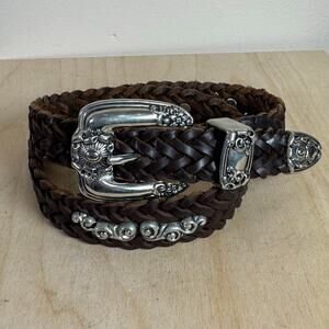 Women’s  j.g. Hook vintage brown Leather Belt braided Silver conchos s/m